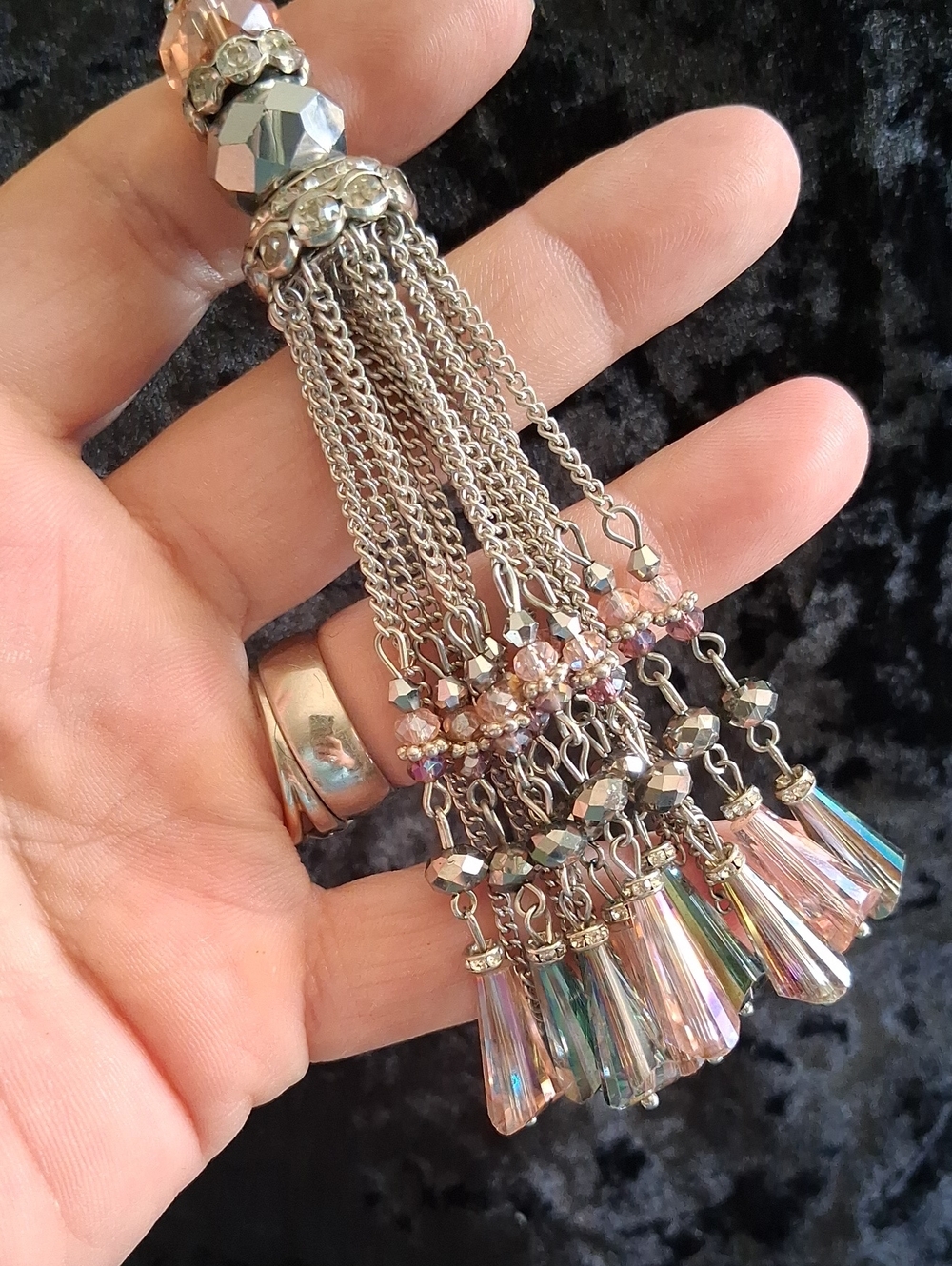 Vintage Chandalier Tassel Silver-Tone Pink & Grey Crystal Necklace